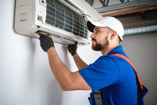 HVAC technician installing a mini split air conditioner in West Covina