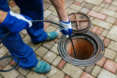 Plumber cleaning an outdoor sewer drain in West Covina