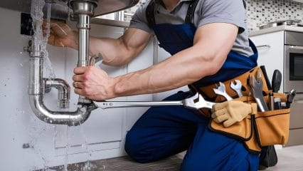 Plumber repairing pipes beneath a sink in West Covina